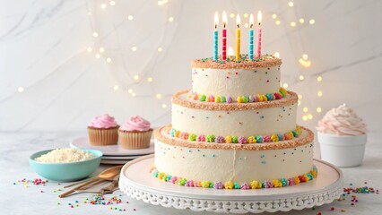 Delicious pink cream birthday cake with lit candles, perfect for a sweet celebration