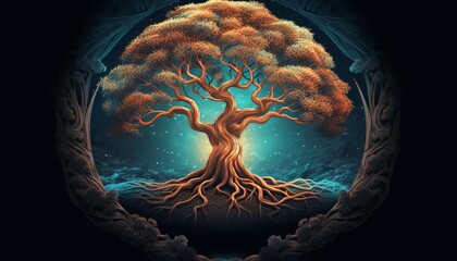 tree of life moon illustration, dark background, mystical, spiritual concept 