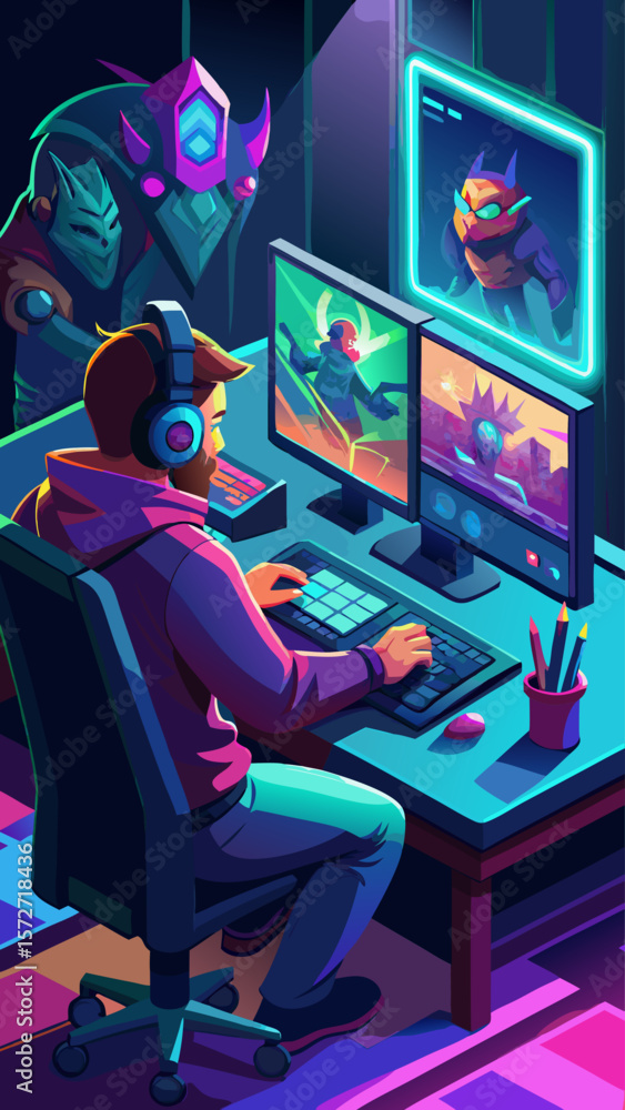 Poster a man is sitting at a desk with a computer monitor in front of him. he is wearing headphones and he 