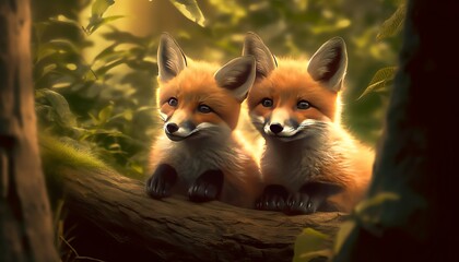 Wild baby red foxes cuddling in the forest 