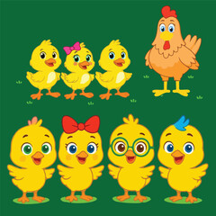 Adorable Chickens and Hen on Green Field, Cute Farm Animals