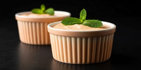 Creamy chocolate pudding with mint leaves on a dark background.