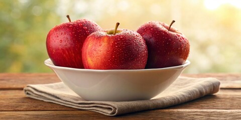Fresh red apples in bowl on wooden table with blurred nature background.