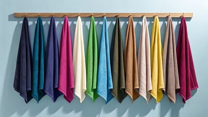 Colorful kitchen towels hanging on a wooden hanger on a blue wall