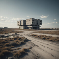 Post apocalyptic landscape with an unusual abandoned building