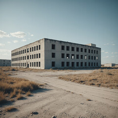 Post apocalyptic landscape with an unusual abandoned building