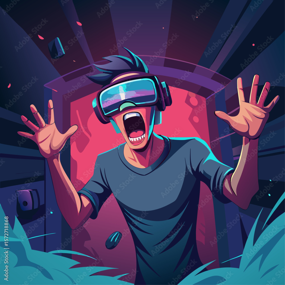 Aufkleber a man in a virtual reality game is in a dark room with his hands outstretched. he is wearing a pair 