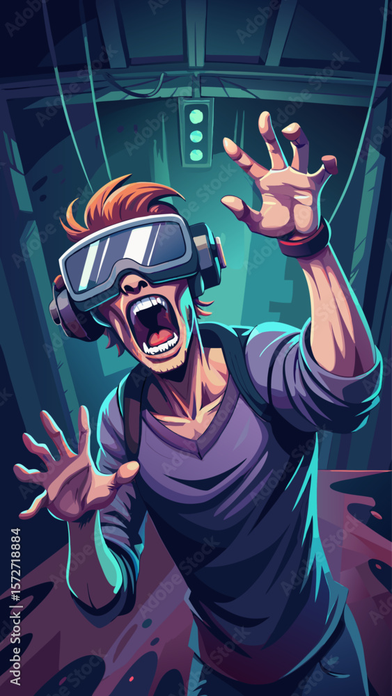 Aufkleber a man in a virtual reality game is in a dark room with his hands outstretched. he is wearing a pair 
