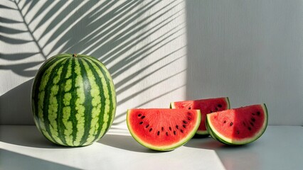 Watermelon and slices of watermelon on a white background with shadows