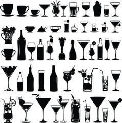 black and white hand-drawn drinkware silhouette grid — 72 minimalist icons of bottles, glasses, mugs, and cups for beverage design