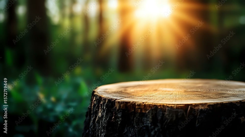 Poster cut tree stump in mystical forest with sunbeams breaking through trees, creating magical atmosphere.