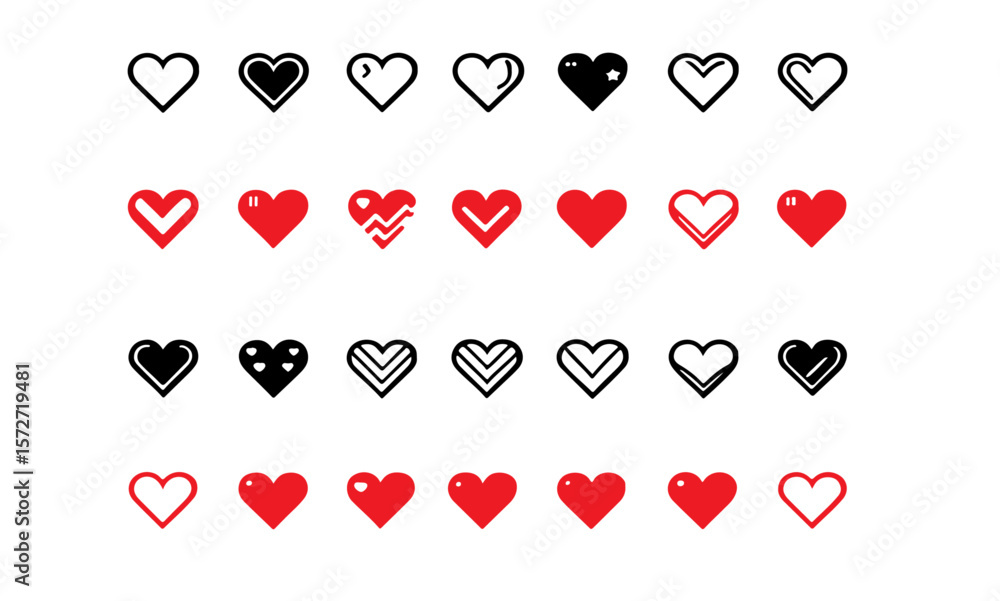 Poster a collection of various heart shapes arranged in rows on a white background