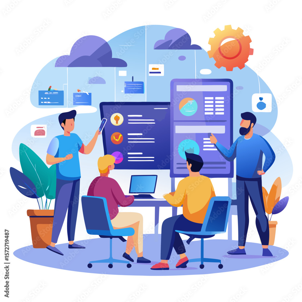 Poster a group of people are working together on a project, with a man pointing to a screen. concept of col