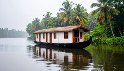  Wooden houseboat floating in Kerala waters.