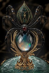 Ornate black spider brooch with opal gemstone centerpiece on baroque golden stand. Gothic jewelry design features intricate metalwork and crystal embellishments against dark background.