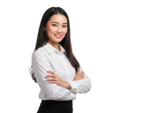 A smiling asian businesswoman with crossed arms exudes confidence and professionalism isolated on transparent background - Powered by Adobe