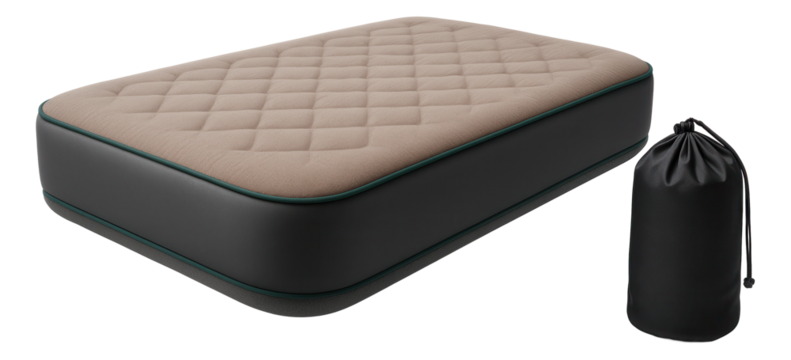 Inflatable air bed with antimicrobial treatment and storage sack for RV trips
