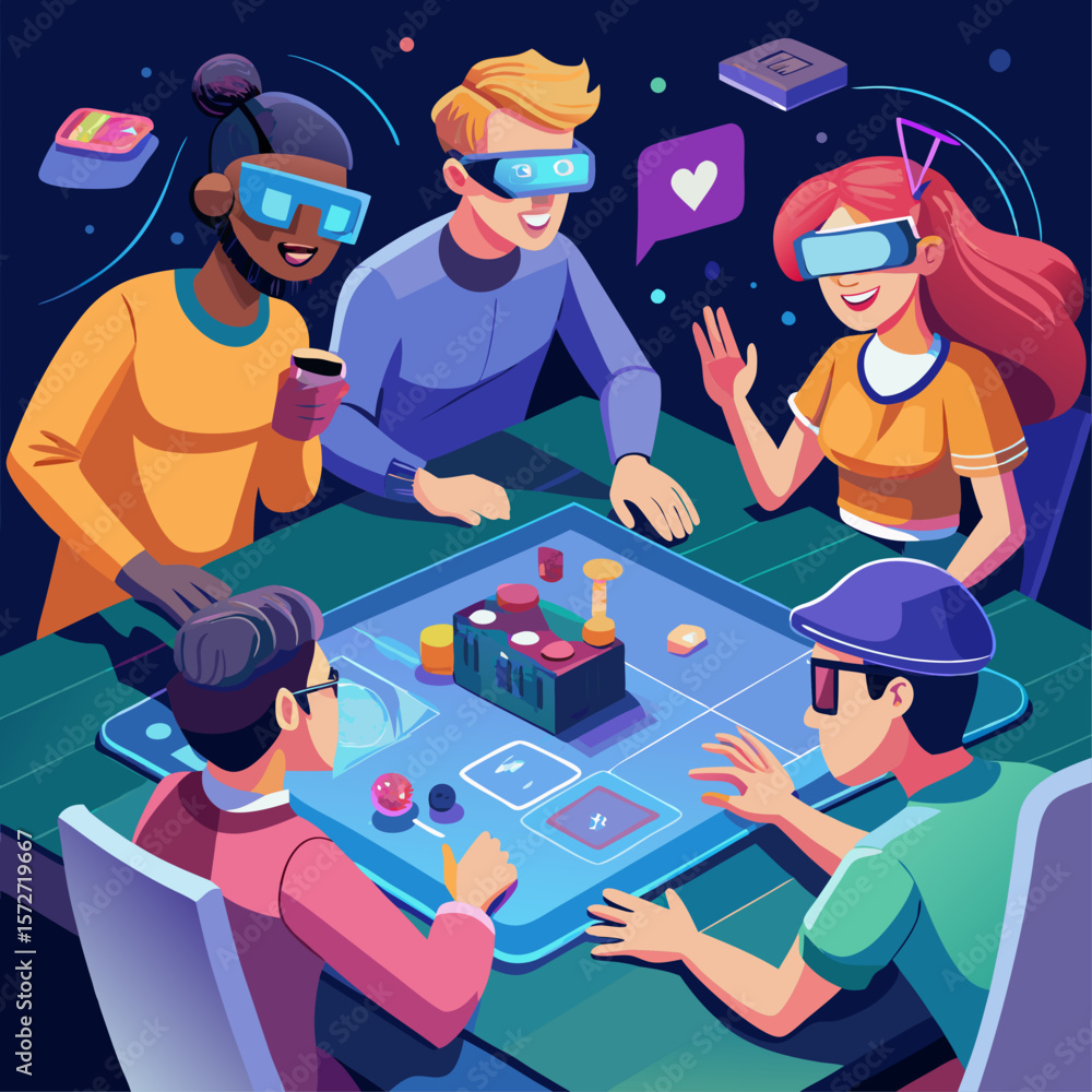 Poster a group of people are playing a game on a table. the game is a vr game and the players are wearing v
