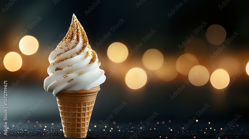 Aufkleber soft serve vanilla ice cream cone with golden sprinkles against dark background with glowing bokeh l
