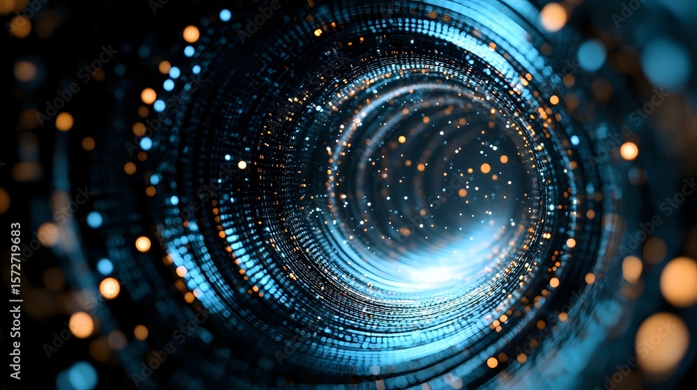 Poster glowing blue spiral tunnel with digital particles and bokeh lights creating futuristic vortex effect