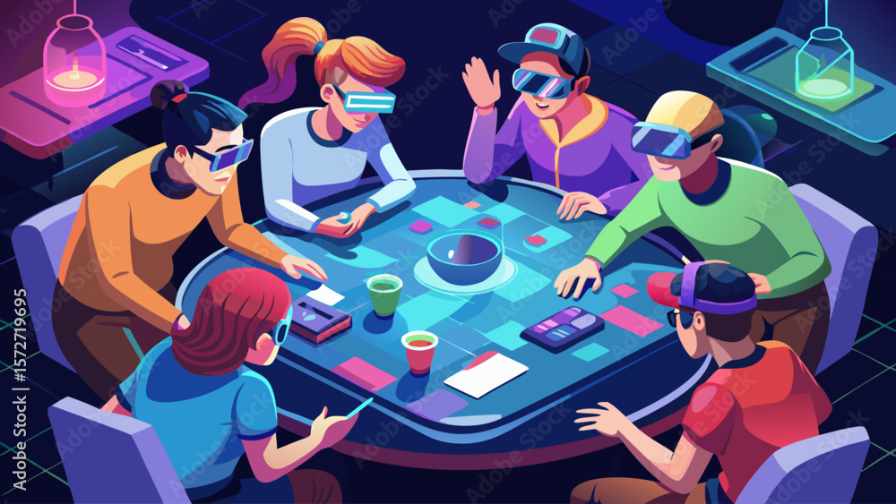 Poster a group of people are playing a game on a table. the game is a vr game and the players are wearing v