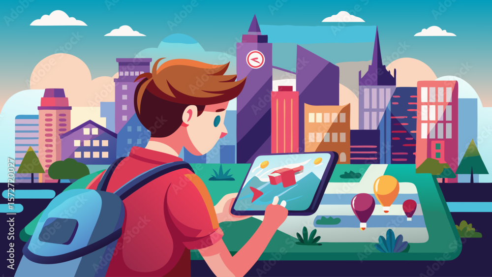 Poster a boy is looking at a tablet with a map of a city on it. he is wearing a backpack and has a red shir