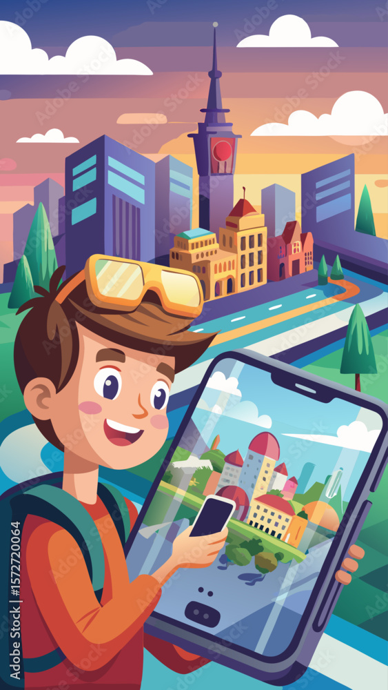 Poster a boy is looking at a tablet with a map of a city on it. he is wearing a backpack and has a red shir