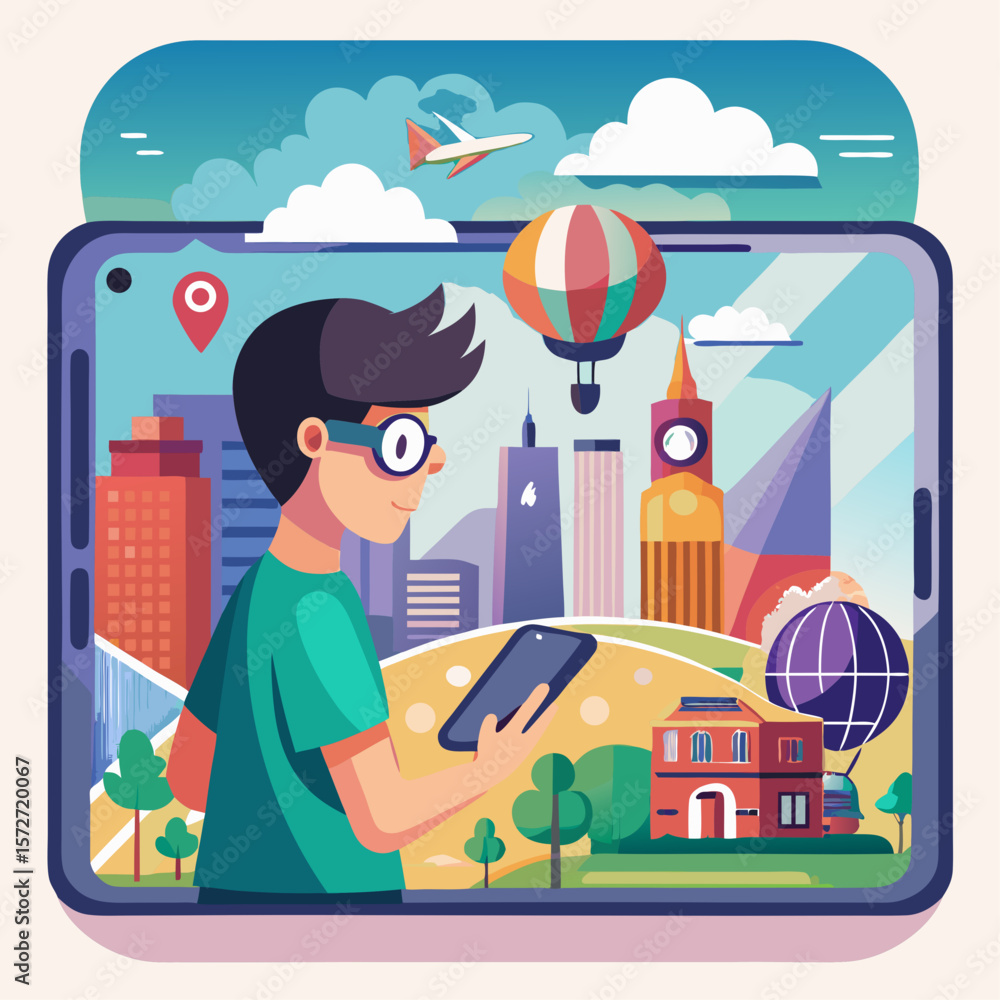 Poster a boy is looking at a tablet with a map of a city on it. he is wearing a backpack and has a red shir