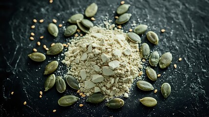 Fototapeta premium Raw pumpkin seeds scattered around pile of ground seed flour powder on dark stone background, macro food photography for healthy eating concept.