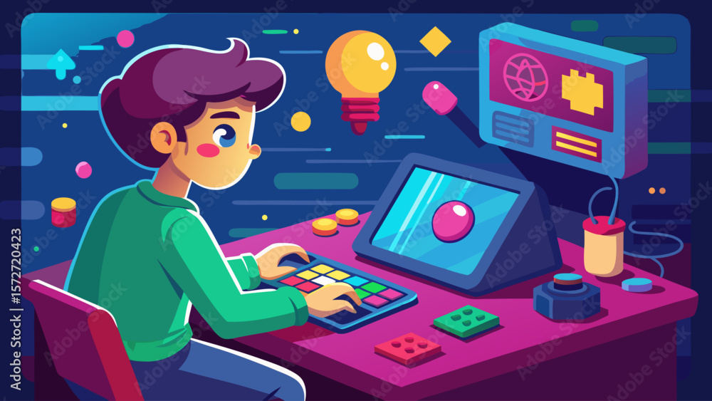 Poster a boy is sitting at a desk with a computer and a keyboard. he is smiling and he is enjoying himself.