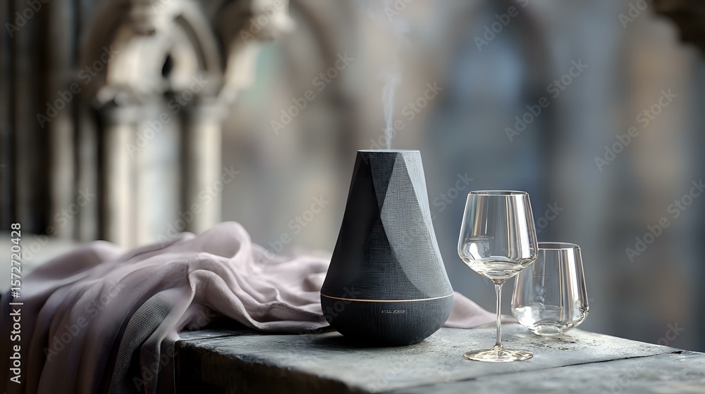 Poster modern black aroma diffuser with empty wine glasses on marble surface against blurred gothic window 