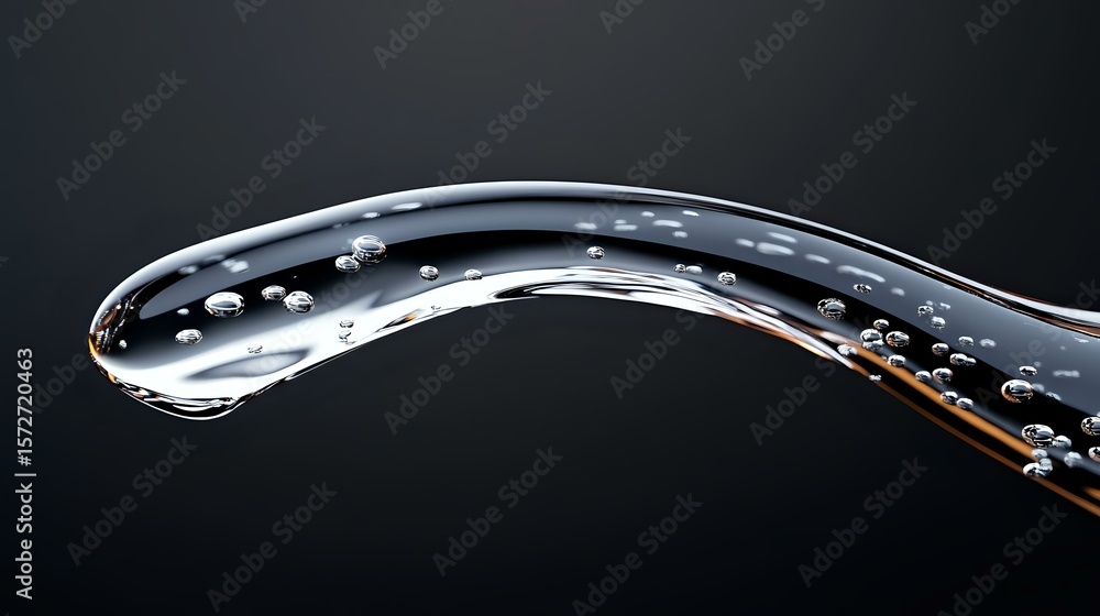Poster curved stream of clear water with floating droplets and bubbles captured in high-speed macro photogr