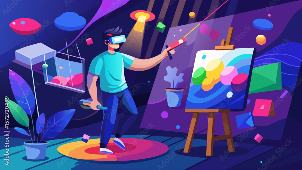 Poster a man is playing a video game in a room with a painting on the wall. the painting is colorful and ha