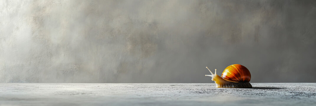 Close-up of a snail slowly crawling on a rough concrete surface, slow business growth, economic challenges