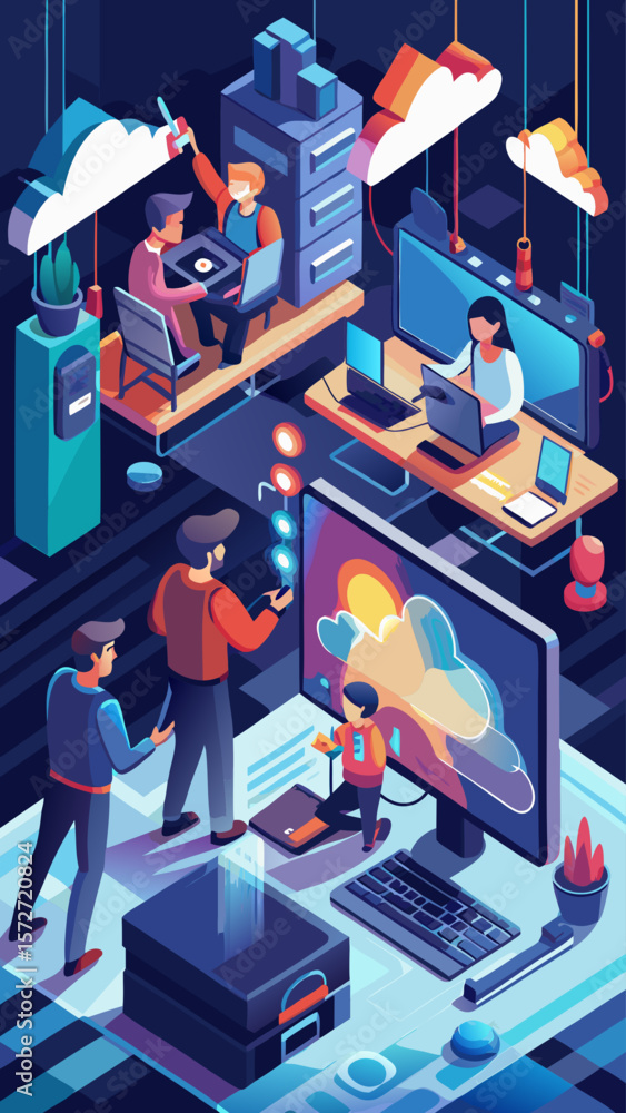 Poster a group of people are working on a computer, with one man sitting on a chair and another man standin