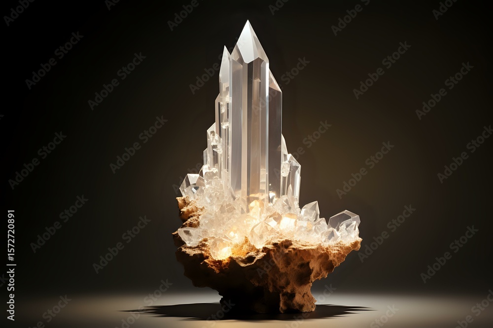 Poster glowing crystal cluster with translucent quartz points emerging from illuminated brown base against 
