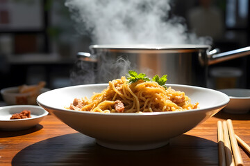 Steaming Hot Egg Noodles with Roasted Pork , Fresh Garnish, and Condiments on a Wooden Table