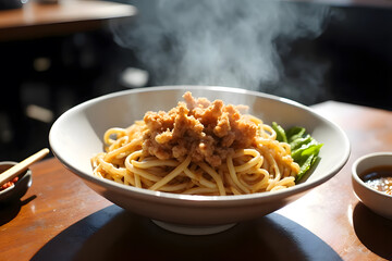 Steaming Hot Egg Noodles with Roasted Pork , Fresh Garnish, and Condiments on a Wooden Table