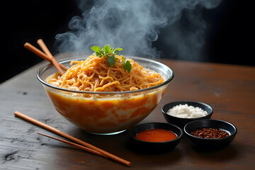 Steaming Hot Egg Noodles with Roasted Pork , Fresh Garnish, and Condiments on a Wooden Table