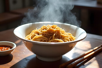 Steaming Hot Egg Noodles with Roasted Pork , Fresh Garnish, and Condiments on a Wooden Table