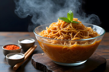 Steaming Hot Egg Noodles with Roasted Pork , Fresh Garnish, and Condiments on a Wooden Table
