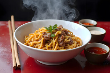 Steaming Hot Egg Noodles with Roasted Pork , Fresh Garnish, and Condiments on a Wooden Table