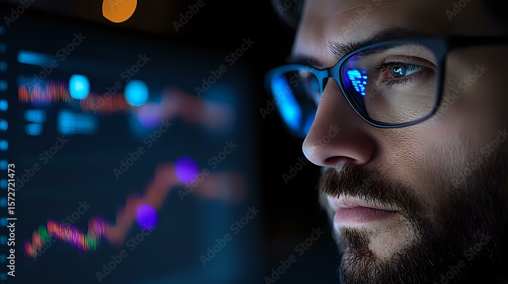 Poster caucasian male trader with beard and glasses analyzing financial market data on screen with glowing 