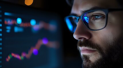 Caucasian male trader with beard and glasses analyzing financial market data on screen with glowing charts and graphs in dark office environment.