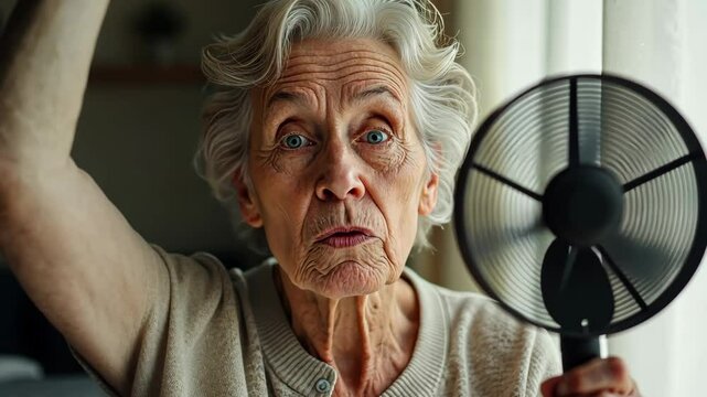 Stressed old woman waving fan suffer from overheating at home.