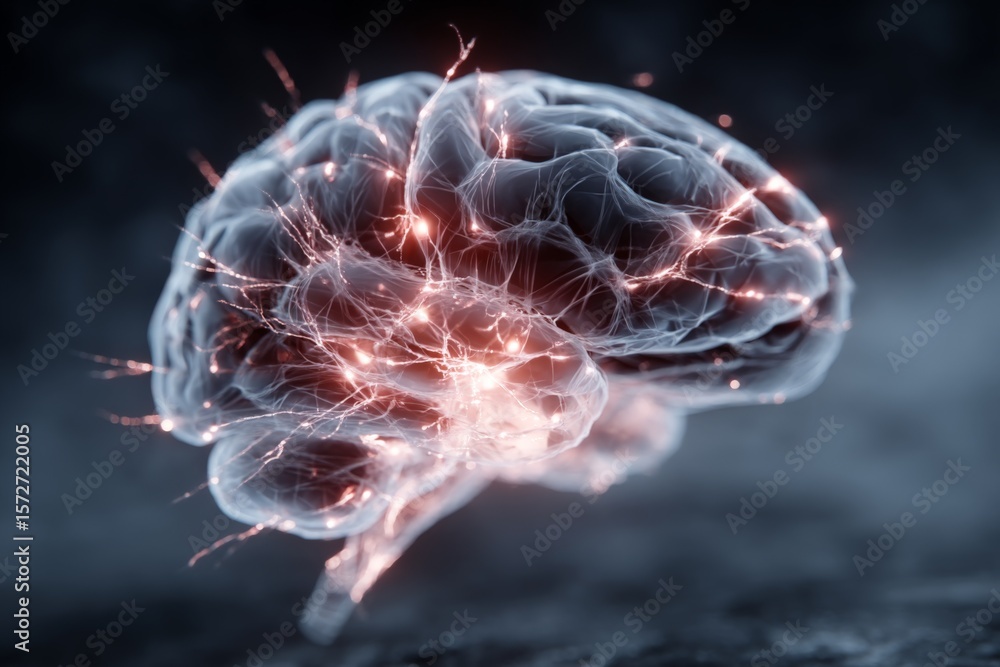 Poster representation of a human brain with neural connections glowing in dark space, showcasing cognitive 