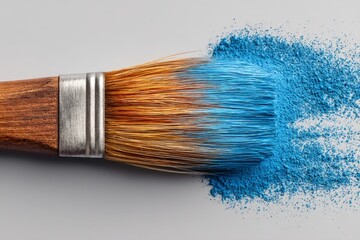 Fototapeta premium Brush coated with vibrant blue paint resting beside colorful powder in a creative workspace setup
