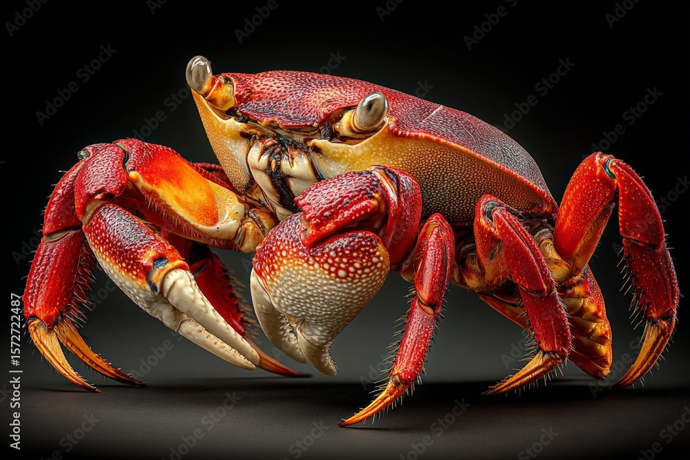 Poster vibrant red crab showcasing its claws on a dark background in a close-up capture