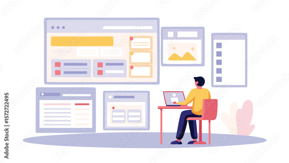Poster person working on laptop surrounded by website interface windows in a digital workspace scene