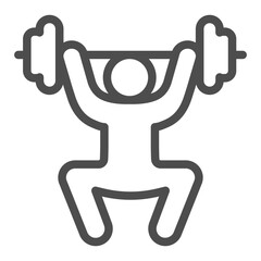 Barbell lifting by athlete man line icon, body building concept. Vector graphics. Human with barbell power uplifting sign on white background, outline style icon for mobile or web design.